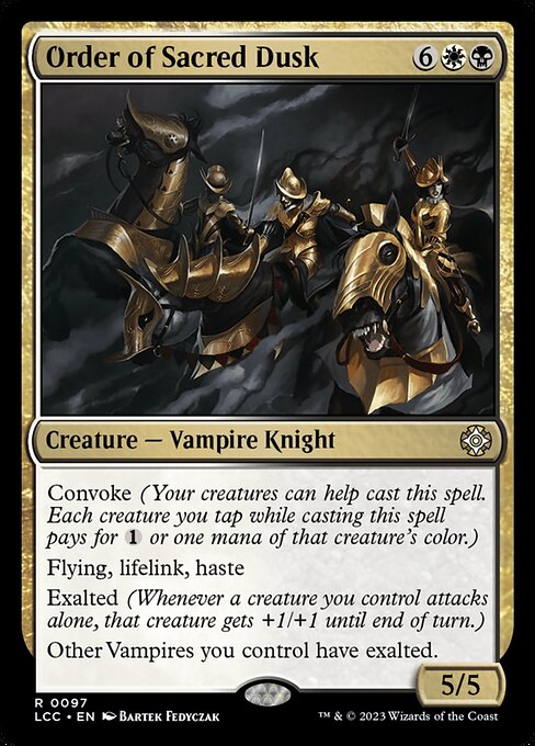 Convoke (Your creatures can help cast this spell. Each creature you tap while casting this spell pays for {1} or one mana of that creature's color.)
Flying, lifelink, haste
Exalted (Whenever a creature you control attacks alone, that creature gets +1/+1 until end of turn.)
Other Vampires you control have exalted.