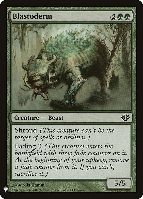 Shroud (This creature can't be the target of spells or abilities.)
Fading 3 (This creature enters the battlefield with three fade counters on it. At the beginning of your upkeep, remove a fade counter from it. If you can't, sacrifice it.)