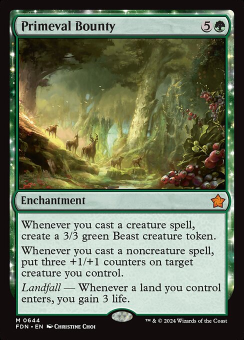 Whenever you cast a creature spell, create a 3/3 green Beast creature token.
Whenever you cast a noncreature spell, put three +1/+1 counters on target creature you control.
Landfall — Whenever a land you control enters, you gain 3 life.