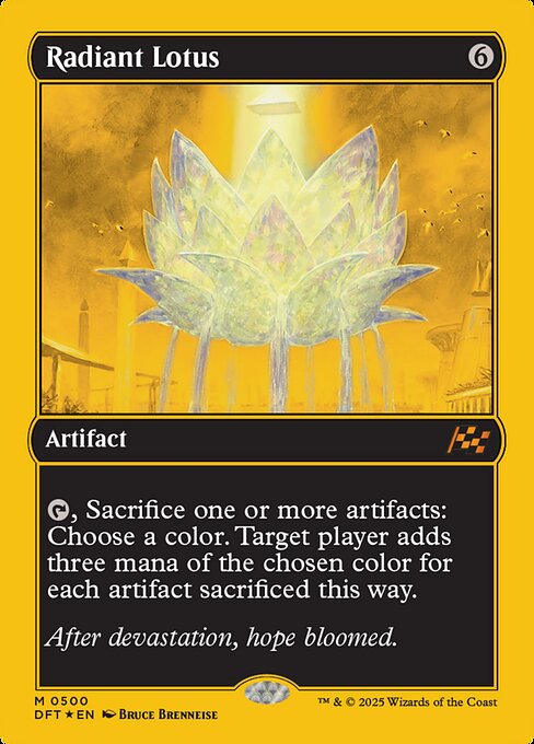 {T}, Sacrifice one or more artifacts: Choose a color. Target player adds three mana of the chosen color for each artifact sacrificed this way.