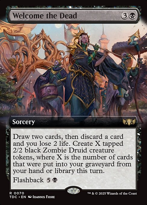 Draw two cards, then discard a card and you lose 2 life. Create X tapped 2/2 black Zombie Druid creature tokens, where X is the number of cards that were put into your graveyard from your hand or library this turn.
Flashback {5}{B} (You may cast this card from your graveyard for its flashback cost. Then exile it.)
