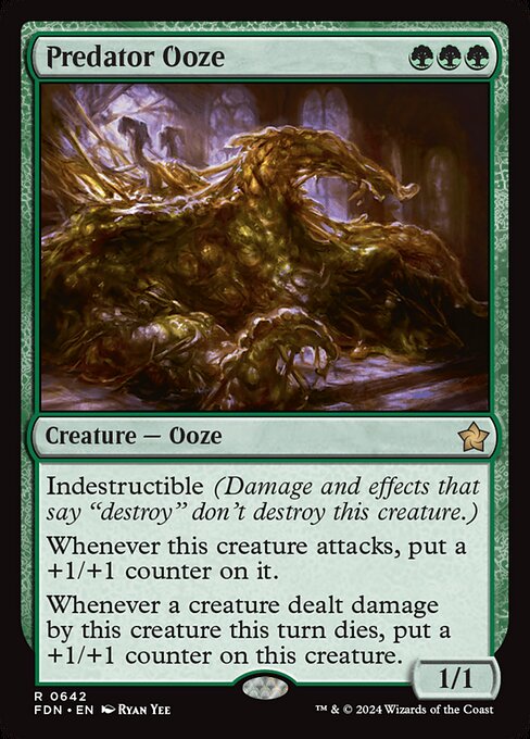 Indestructible (Damage and effects that say "destroy" don't destroy this creature.)
Whenever this creature attacks, put a +1/+1 counter on it.
Whenever a creature dealt damage by this creature this turn dies, put a +1/+1 counter on this creature.