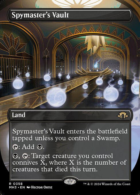 Spymaster's Vault enters the battlefield tapped unless you control a Swamp.
{T}: Add {B}.
{B}, {T}: Target creature you control connives X, where X is the number of creatures that died this turn. (Draw X cards, then discard X cards. Put a +1/+1 counter on that creature for each nonland card discarded this way.)