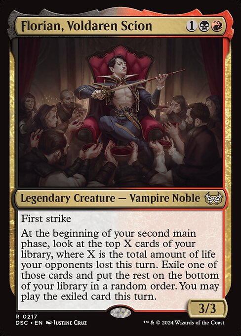 First strike
At the beginning of each of your postcombat main phases, look at the top X cards of your library, where X is the total amount of life your opponents lost this turn. Exile one of those cards and put the rest on the bottom of your library in a random order. You may play the exiled card this turn.