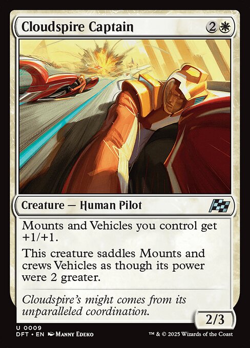 Mounts and Vehicles you control get +1/+1.
This creature saddles Mounts and crews Vehicles as though its power were 2 greater.