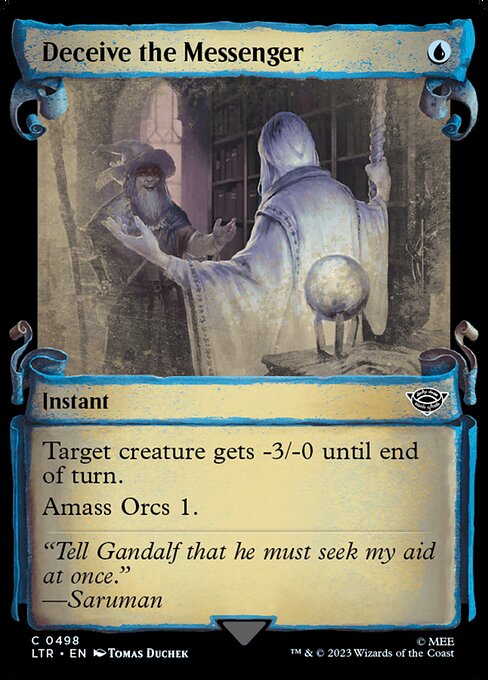 Target creature gets -3/-0 until end of turn.
Amass Orcs 1. (Put a +1/+1 counter on an Army you control. It's also an Orc. If you don't control an Army, create a 0/0 black Orc Army creature token first.)