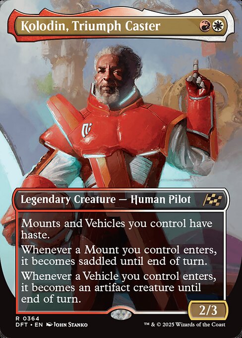 Mounts and Vehicles you control have haste.
Whenever a Mount you control enters, it becomes saddled until end of turn.
Whenever a Vehicle you control enters, it becomes an artifact creature until end of turn.