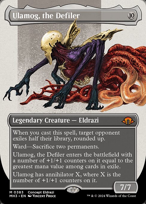 When you cast this spell, target opponent exiles half their library, rounded up.
Ward—Sacrifice two permanents.
Ulamog, the Defiler enters the battlefield with a number of +1/+1 counters on it equal to the greatest mana value among cards in exile.
Ulamog has annihilator X, where X is the number of +1/+1 counters on it.