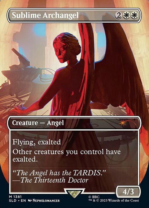 Flying
Exalted (Whenever a creature you control attacks alone, that creature gets +1/+1 until end of turn.)
Other creatures you control have exalted. (If a creature has multiple instances of exalted, each triggers separately.)