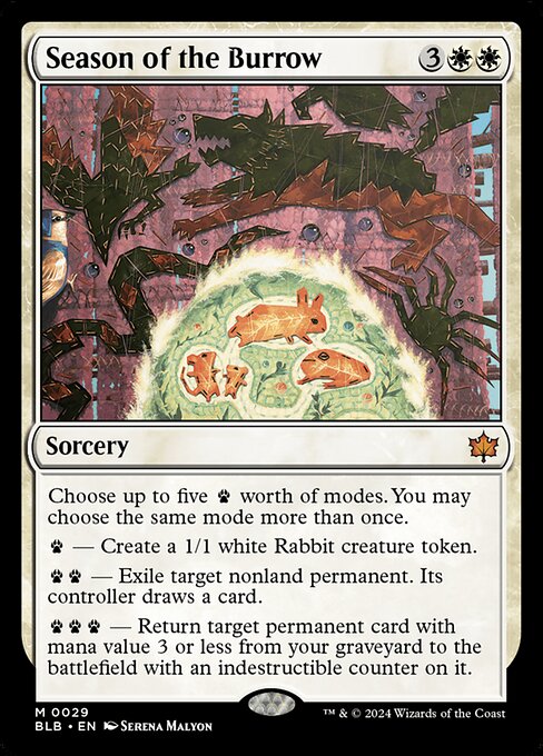 Choose up to five {P} worth of modes. You may choose the same mode more than once.
{P} — Create a 1/1 white Rabbit creature token.
{P}{P} — Exile target nonland permanent. Its controller draws a card.
{P}{P}{P} — Return target permanent card with mana value 3 or less from your graveyard to the battlefield with an indestructible counter on it.