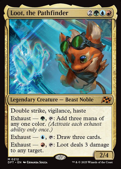 Double strike, vigilance, haste
Exhaust — {G}, {T}: Add three mana of any one color. (Activate each exhaust ability only once.)
Exhaust — {U}, {T}: Draw three cards.
Exhaust — {R}, {T}: Loot deals 3 damage to any target.