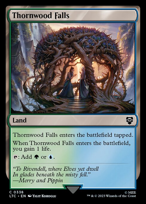 Thornwood Falls enters the battlefield tapped.
When Thornwood Falls enters the battlefield, you gain 1 life.
{T}: Add {G} or {U}.