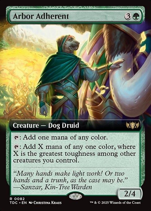 {T}: Add one mana of any color.
{T}: Add X mana of any one color, where X is the greatest toughness among other creatures you control.
