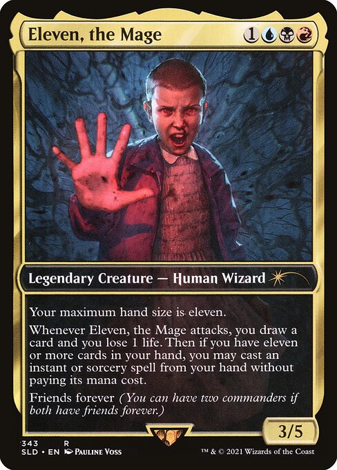 Your maximum hand size is eleven.
Whenever Cecily, Haunted Mage attacks, you draw a card and you lose 1 life. Then if you have eleven or more cards in your hand, you may cast an instant or sorcery spell from your hand without paying its mana cost.
Friends forever (You can have two commanders if both have friends forever.)