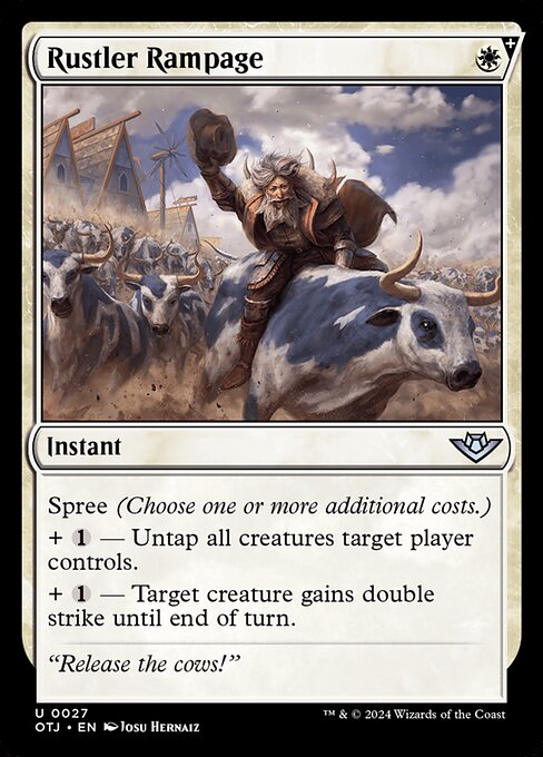 Spree (Choose one or more additional costs.)
+ {1} — Untap all creatures target player controls.
+ {1} — Target creature gains double strike until end of turn.