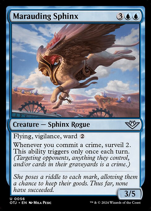 Flying, vigilance, ward {2}
Whenever you commit a crime, surveil 2. This ability triggers only once each turn. (Targeting opponents, anything they control, and/or cards in their graveyards is a crime.)