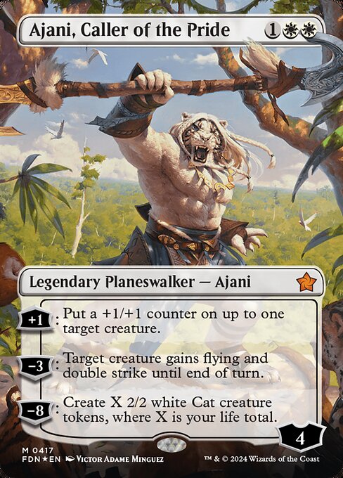 +1: Put a +1/+1 counter on up to one target creature.
−3: Target creature gains flying and double strike until end of turn.
−8: Create X 2/2 white Cat creature tokens, where X is your life total.