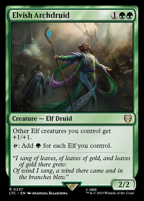 Other Elf creatures you control get +1/+1.
{T}: Add {G} for each Elf you control.