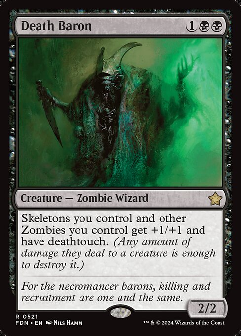 Skeletons you control and other Zombies you control get +1/+1 and have deathtouch. (Any amount of damage they deal to a creature is enough to destroy it.)