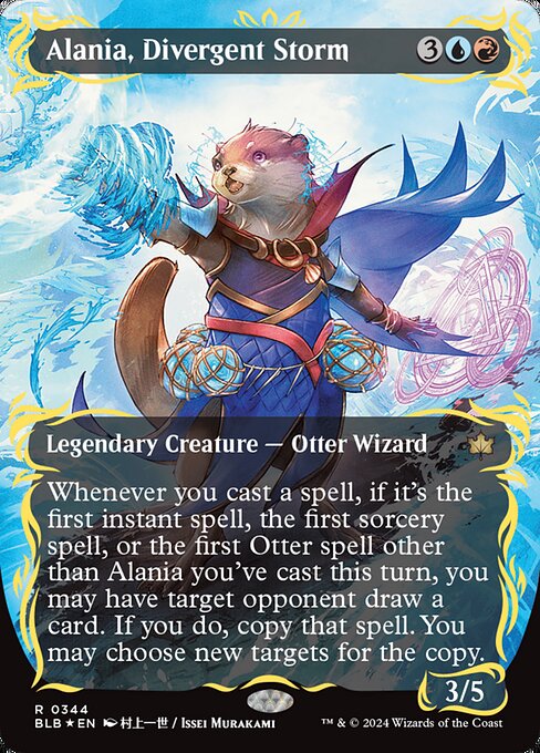 Whenever you cast a spell, if it's the first instant spell, the first sorcery spell, or the first Otter spell other than Alania you've cast this turn, you may have target opponent draw a card. If you do, copy that spell. You may choose new targets for the copy.