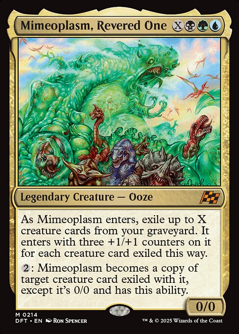 As Mimeoplasm enters, exile up to X creature cards from your graveyard. It enters with three +1/+1 counters on it for each creature card exiled this way.
{2}: Mimeoplasm becomes a copy of target creature card exiled with it, except it's 0/0 and has this ability.