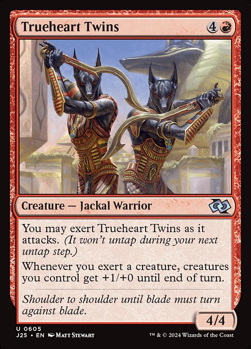 You may exert Trueheart Twins as it attacks. (It won't untap during your next untap step.)
Whenever you exert a creature, creatures you control get +1/+0 until end of turn.
