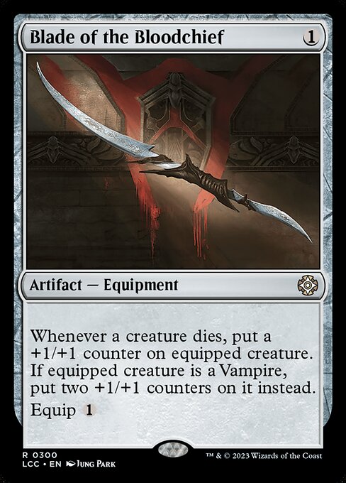 Whenever a creature dies, put a +1/+1 counter on equipped creature. If equipped creature is a Vampire, put two +1/+1 counters on it instead.
Equip {1}