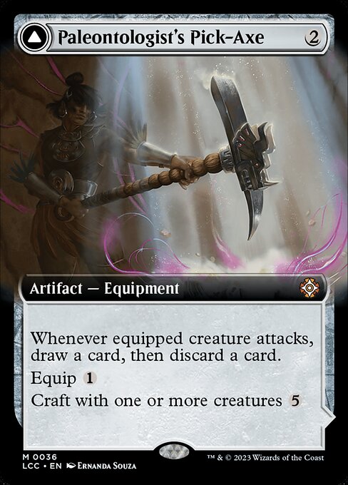 Whenever equipped creature attacks, draw a card, then discard a card.
Equip {1}
Craft with one or more creatures {5} ({5}, Exile this artifact, Exile one or more creatures you control and/or creature cards from your graveyard: Return this card transformed under its owner's control. Craft only as a sorcery.)   When this Equipment enters, attach it to target creature you control.
As this Equipment becomes attached to a creature, choose an exiled creature card used to craft this Equipment.
Equipped