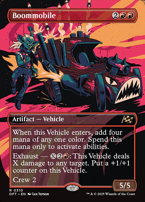 When this Vehicle enters, add four mana of any one color. Spend this mana only to activate abilities.
Exhaust — {X}{2}{R}: This Vehicle deals X damage to any target. Put a +1/+1 counter on this Vehicle. (Activate each exhaust ability only once.)
Crew 2