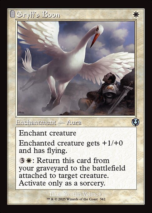 Enchant creature
Enchanted creature gets +1/+0 and has flying.
{3}{W}: Return this card from your graveyard to the battlefield attached to target creature. Activate only as a sorcery.