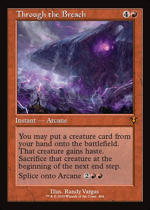 You may put a creature card from your hand onto the battlefield. That creature gains haste. Sacrifice that creature at the beginning of the next end step.
Splice onto Arcane {2}{R}{R} (As you cast an Arcane spell, you may reveal this card from your hand and pay its splice cost. If you do, add this card's effects to that spell.)