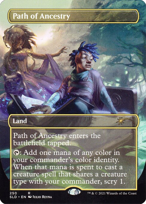 Path of Ancestry enters the battlefield tapped.
{T}: Add one mana of any color in your commander's color identity. When that mana is spent to cast a creature spell that shares a creature type with your commander, scry 1. (Look at the top card of your library. You may put that card on the bottom.)