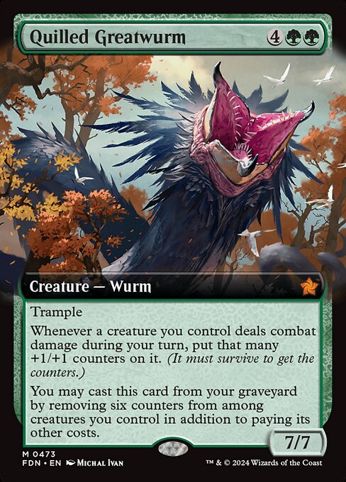 Trample
Whenever a creature you control deals combat damage during your turn, put that many +1/+1 counters on it. (It must survive to get the counters.)
You may cast this card from your graveyard by removing six counters from among creatures you control in addition to paying its other costs.
