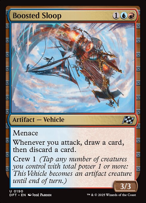 Menace
Whenever you attack, draw a card, then discard a card.
Crew 1 (Tap any number of creatures you control with total power 1 or more: This Vehicle becomes an artifact creature until end of turn.)