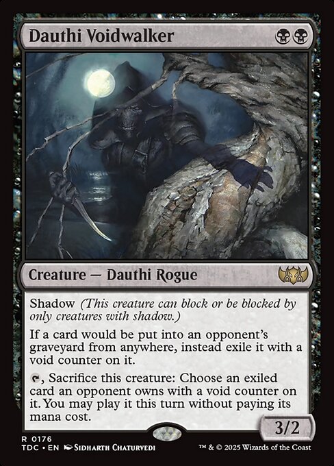 Shadow (This creature can block or be blocked by only creatures with shadow.)
If a card would be put into an opponent's graveyard from anywhere, instead exile it with a void counter on it.
{T}, Sacrifice this creature: Choose an exiled card an opponent owns with a void counter on it. You may play it this turn without paying its mana cost.