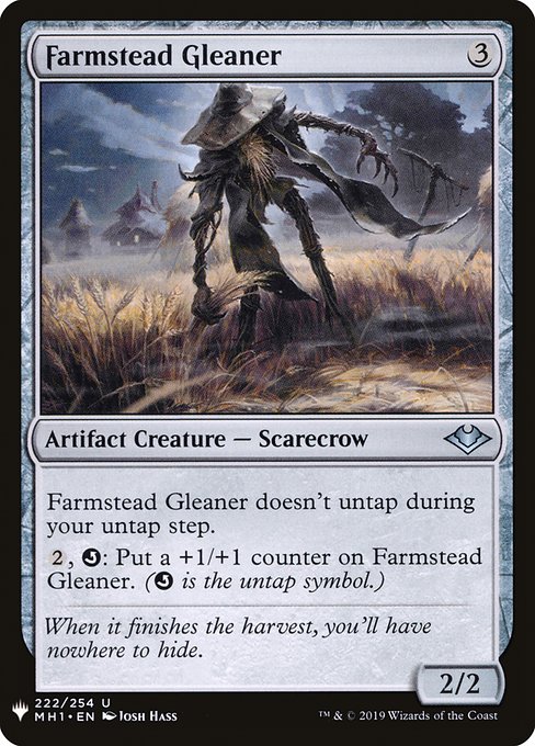 Farmstead Gleaner doesn't untap during your untap step.
{2}, {Q}: Put a +1/+1 counter on Farmstead Gleaner. ({Q} is the untap symbol.)