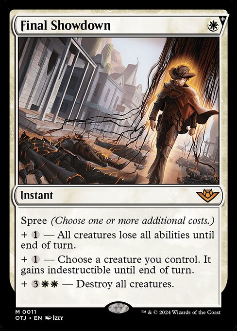 Spree (Choose one or more additional costs.)
+ {1} — All creatures lose all abilities until end of turn.
+ {1} — Choose a creature you control. It gains indestructible until end of turn.
+ {3}{W}{W} — Destroy all creatures.