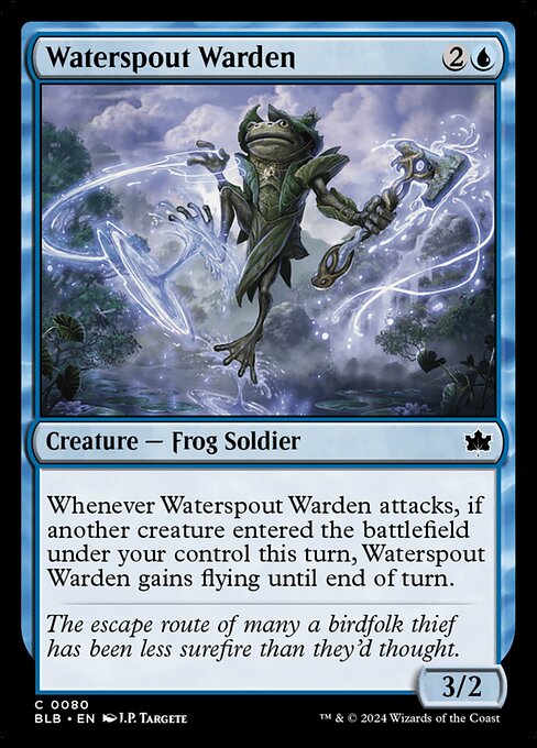 Whenever Waterspout Warden attacks, if another creature entered the battlefield under your control this turn, Waterspout Warden gains flying until end of turn.