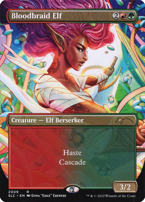 Haste
Cascade (When you cast this spell, exile cards from the top of your library until you exile a nonland card that costs less. You may cast it without paying its mana cost. Put the exiled cards on the bottom of your library in a random order.)
