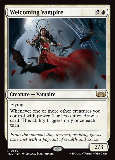 Flying
Whenever one or more other creatures you control with power 2 or less enter, draw a card. This ability triggers only once each turn.