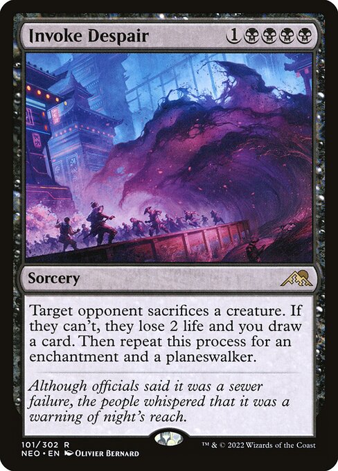 Target opponent sacrifices a creature. If they can't, they lose 2 life and you draw a card. Then repeat this process for an enchantment and a planeswalker.
