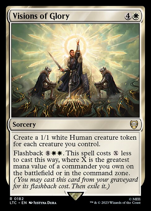 Create a 1/1 white Human creature token for each creature you control.
Flashback {8}{W}{W}. This spell costs {X} less to cast this way, where X is the greatest mana value of a commander you own on the battlefield or in the command zone. (You may cast this card from your graveyard for its flashback cost. Then exile it.)