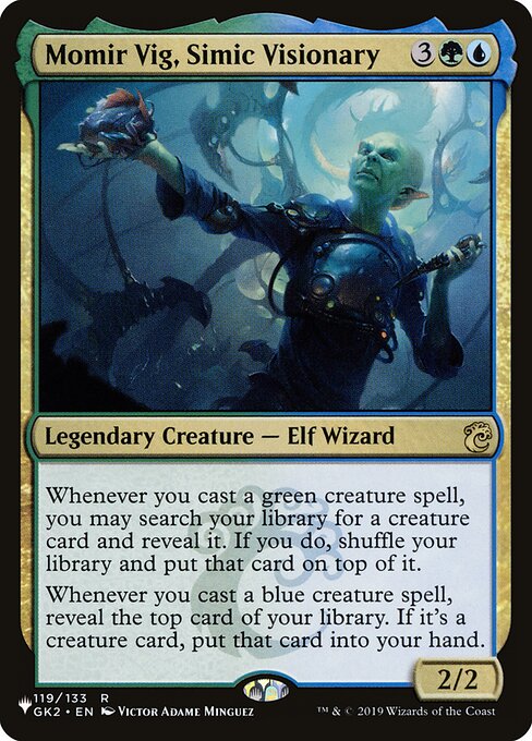 Whenever you cast a green creature spell, you may search your library for a creature card, reveal it, then shuffle and put that card on top.
Whenever you cast a blue creature spell, reveal the top card of your library. If it's a creature card, put that card into your hand.