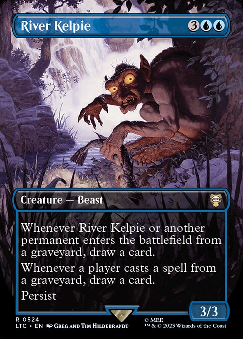 Whenever River Kelpie or another permanent enters the battlefield from a graveyard, draw a card.
Whenever a player casts a spell from a graveyard, draw a card.
Persist (When this creature dies, if it had no -1/-1 counters on it, return it to the battlefield under its owner's control with a -1/-1 counter on it.)