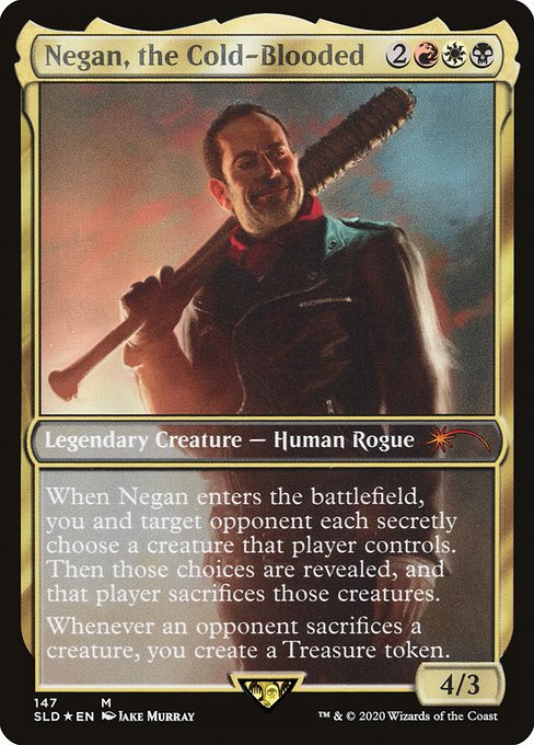 When Malik, Grim Manipulator enters the battlefield, you and target opponent each secretly choose a creature that player controls. Then those choices are revealed, and that player sacrifices those creatures.
Whenever an opponent sacrifices a creature, you create a Treasure token.