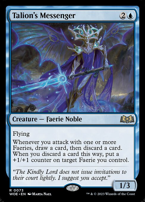 Flying
Whenever you attack with one or more Faeries, draw a card, then discard a card. When you discard a card this way, put a +1/+1 counter on target Faerie you control.