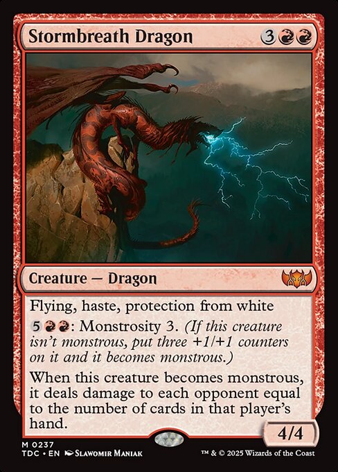 Flying, haste, protection from white
{5}{R}{R}: Monstrosity 3. (If this creature isn't monstrous, put three +1/+1 counters on it and it becomes monstrous.)
When this creature becomes monstrous, it deals damage to each opponent equal to the number of cards in that player's hand.