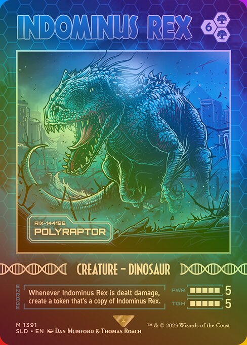 Enrage — Whenever Polyraptor is dealt damage, create a token that's a copy of Polyraptor.
