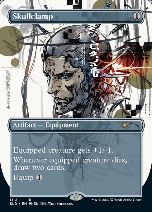 Equipped creature gets +1/-1.
Whenever equipped creature dies, draw two cards.
Equip {1}