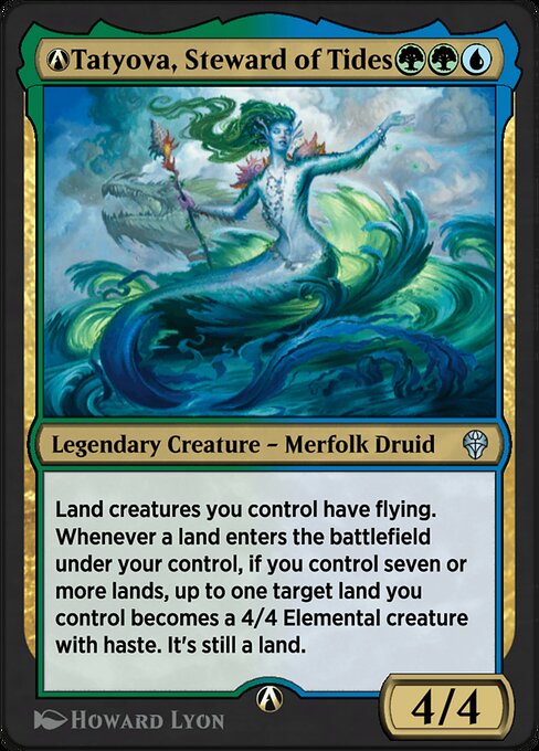 Land creatures you control have flying.
Whenever a land enters the battlefield under your control, if you control seven or more lands, up to one target land you control becomes a 4/4 Elemental creature with haste. It's still a land.